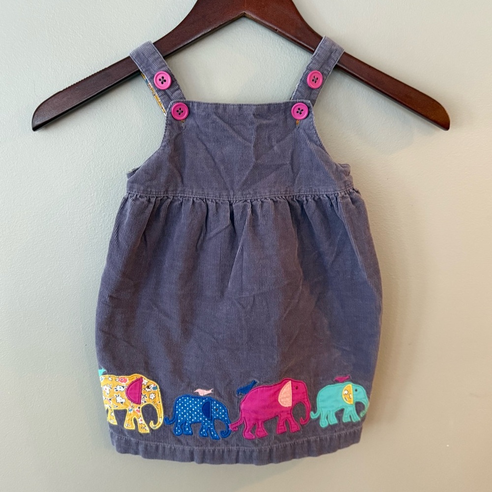 Baby Boden Elephant Appliqué Grey Corduroy‎ Jumper Dress Yellow Lining 12-18 mo